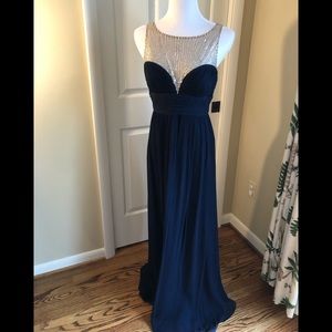 Navy Blue Gown with silver / sheer neckline